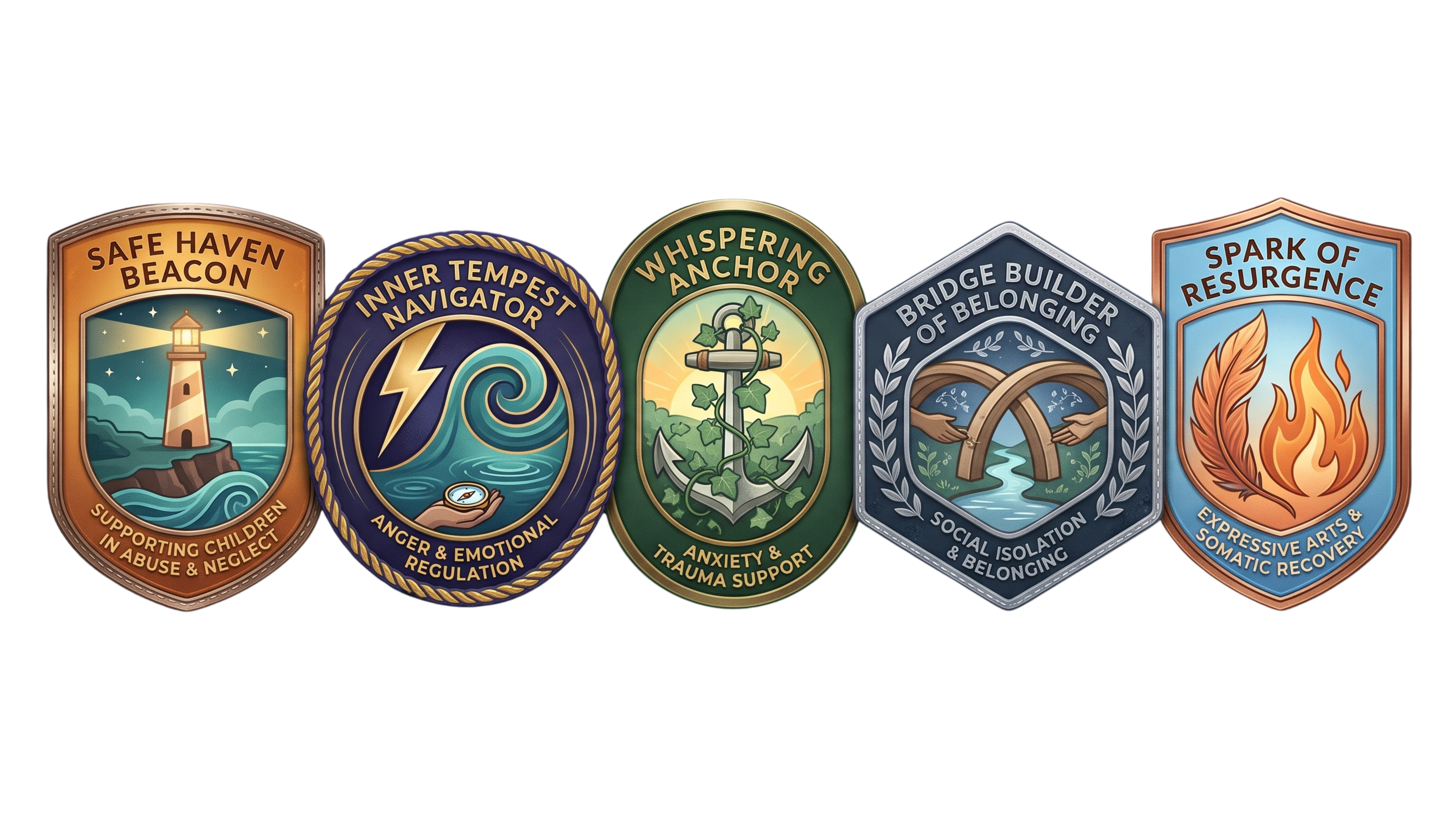 Five recognition badges representing support for children, emotional regulation, anxiety support, belonging, and expressive arts.